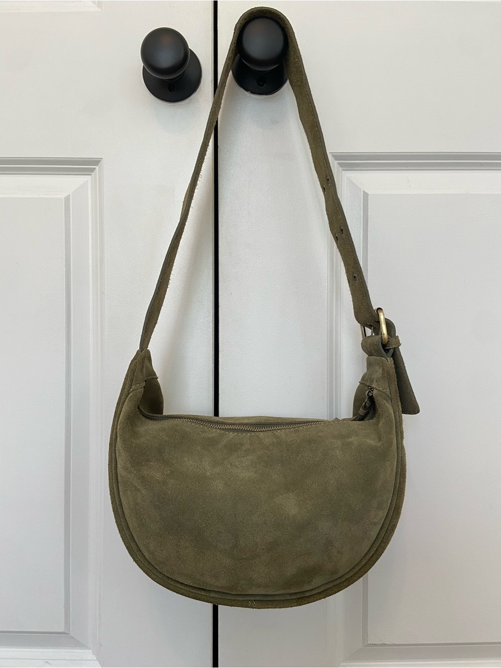 Y2K Olive Green Suede Leather Hobo Slouchy Shoulder Bag Grommet Strap 2000s